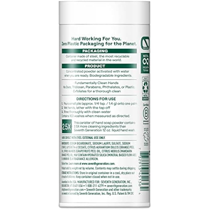 Seventh Generation ZERO PLASTIC HAND WASH POWDER LATHERING CLEANSER MANDARIN ORANGE AND GRAPEFRUIT FOAMING 5 OZ - Image 2